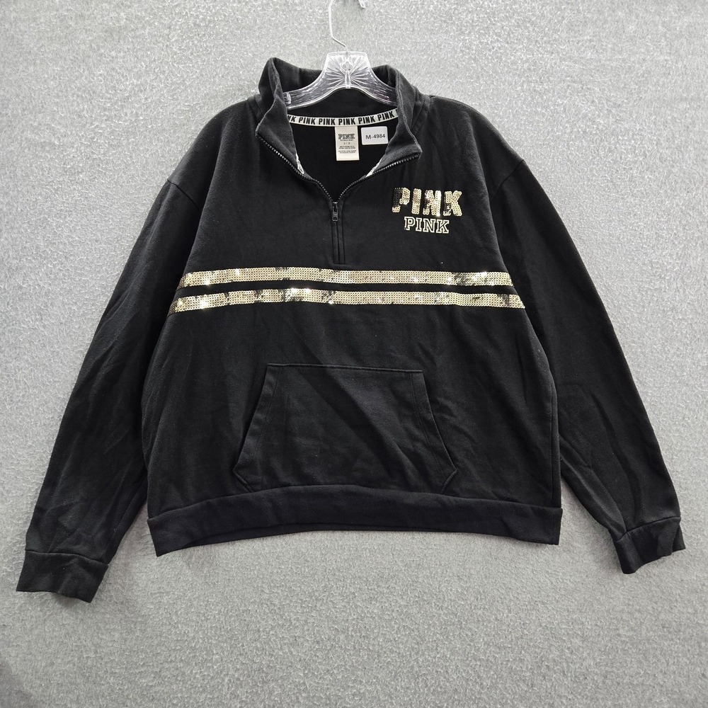 PINK Victoria's Secret Women Sweatshirt L Black Logo Sequin Zipper READ